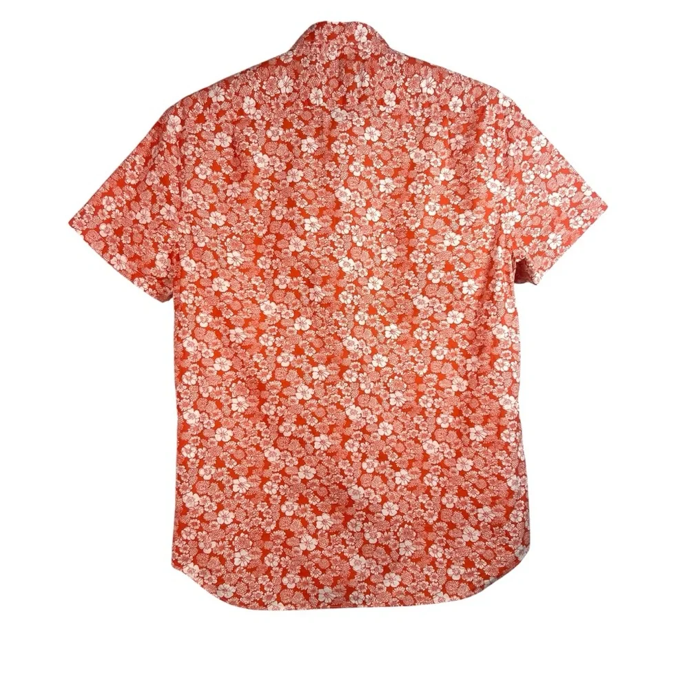 J. Crew Mens Orange White Floral Button Down Shirt Size M Flex Washed Slim Beach